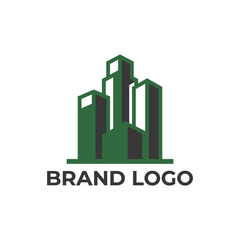 Fototapeta premium Skyscraper city skyline logo with green and dark grey towers for urban development agency.