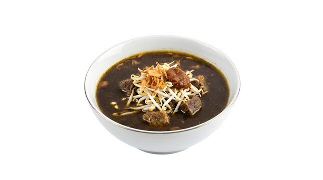Rawon, a traditional Indonesian rich black beef soup with tender meat chunks and fresh bean sprouts, served in a white bowl isolated on a clean, solid uniform white background