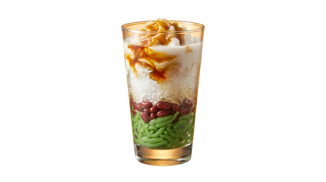 Cendol traditional Malaysian dessert beverage with layers of green pandan jellies, sweet red beans, shaved ice, and palm sugar syrup in a glass isolated on a white background