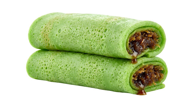 Kue Dadar Gulung traditional Indonesian rolled green pandan crepe filled with sweet grated coconut and liquid palm sugar syrup, isolated directly on a clean white background