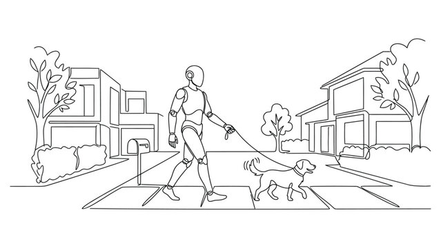 Continuous line drawing of a humanoid robot walking a pet dog outdoors
