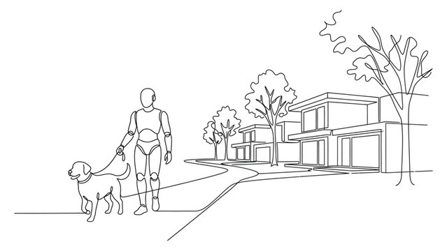 A line art illustration of a humanoid robot walking a dog on a leash