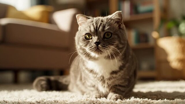 Serious tabby cat sitting on beige carpet indoors.