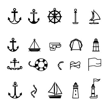 Collection of 16 nautical-themed icons arranged in a 4x4 grid, featuring symbols like an anchor, ship wheel, sailboat, life preserver, bell, chain, compass, lighthouse, and flags. The icons are ren...