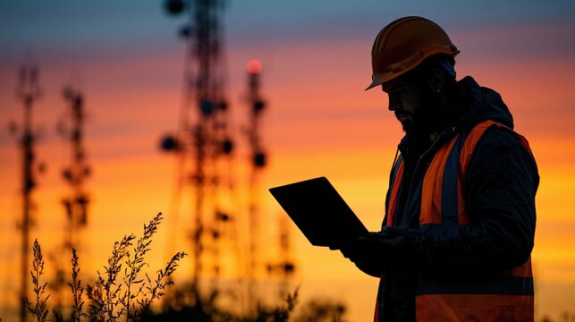 Telecom technician using laptop near antenna towers at sunset