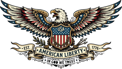 Fototapeta premium Vintage Heraldic Eagle Coat of Arms with Crown Shield Wings Ribbon Banner and Crest Vector Illustration Symbol Design for Tattoo Emblem Flag and USA Inspired Graphic Art