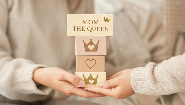Mother and child holding wooden blocks with crowns and heart  mom the queen