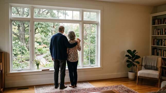 Senior couple standing together looking out of a window at home garden