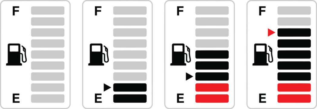 Fuel level gauge icons set showing empty to full tank status for automotive dashboard interface and energy monitoring.