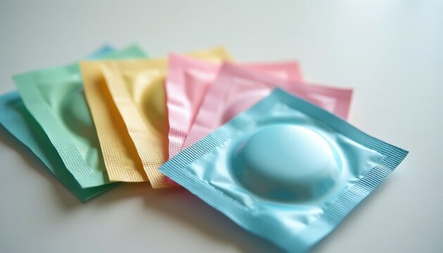 Assortment of colorful condom wrappers spread out. Pastel foil packets of contraceptives arranged in fan shape. Safe sex and birth control concept.