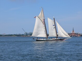 Fototapeta premium Sailboat on New York Bay on July 4th's Parade of Ships in Hudson River for America250, New York, NY - July 2026