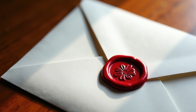 Cream envelope with red wax seal on wood. Paper letter closure detail. Classic mail security, formal correspondence, invitation, important message. Traditional communication, sealed document.