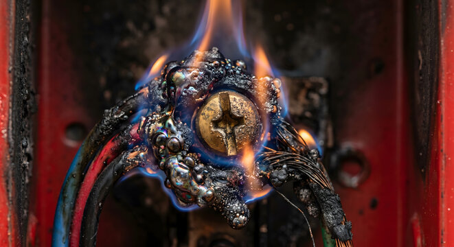 Burning electrical wiring connection terminal melting under intense heat during severe residential fire outbreak incident.