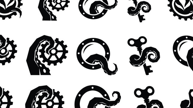 Steampunk Pattern Set with Gear, Cog, Wind Up Key, and Curved Machine Element Seamless Repeat Designs