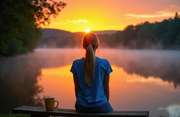 Obraz premium Woman sits on bench by lake at sunrise, holding mug. Misty water reflects orange sky. Girl contemplates nature, finds peace in quiet morning solitude.