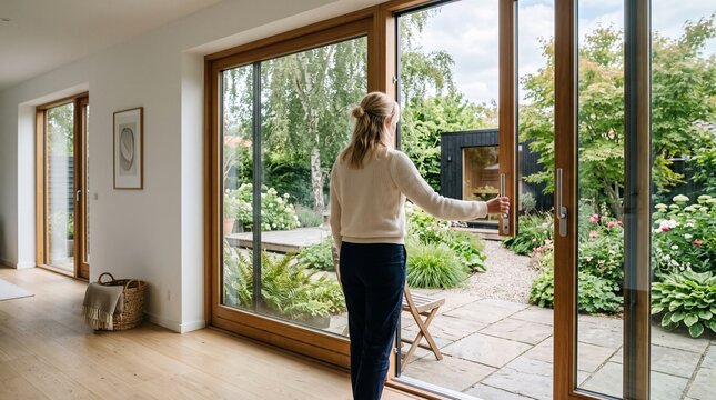 Woman opening wooden glass doors to a lush green garden at home