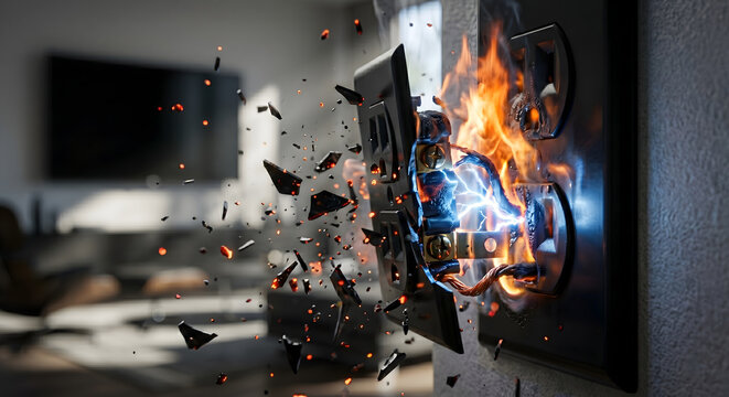 Dangerous electrical socket burning with fire sparks and metal fragments exploding from wall outlet in modern apartment.