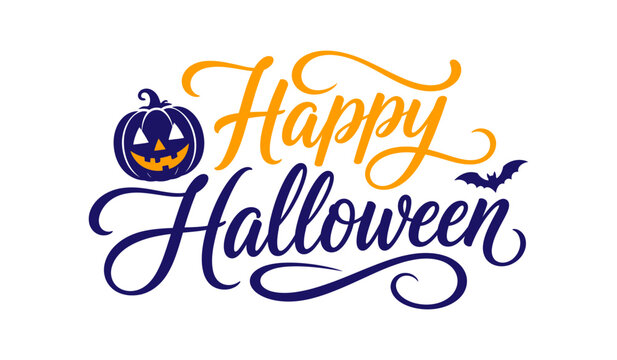 Happy halloween lettering with purple jack o lantern pumpkin and small bat fly.