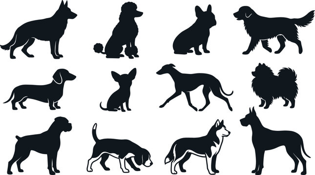 Dog Silhouettes Icon Set with Different Poses for Training, Pets, and Animal Style Graphic Design Backgrounds