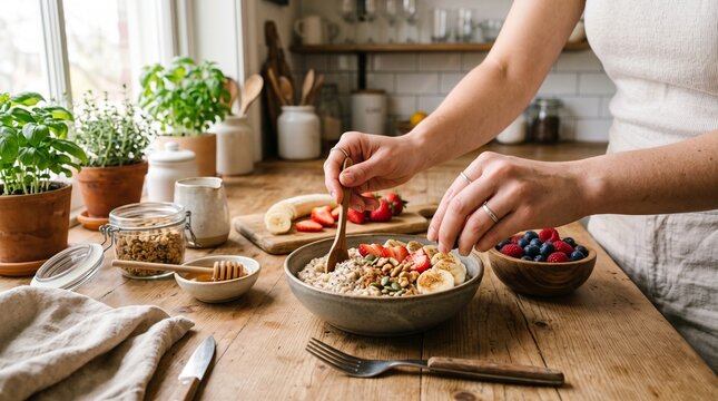 Woman preparing healthy oatmeal bowl with fresh berries in rustic kitchen