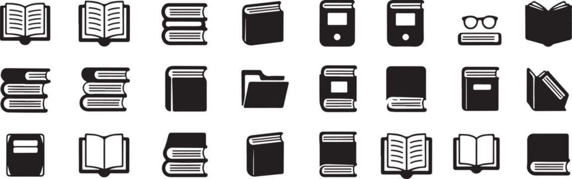 Book icons set including open volumes closed covers library stacks reading materials research guides and student resources library.
