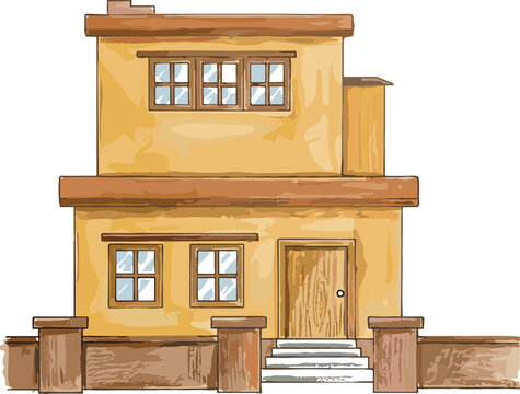 Modern two story villa building with flat roof structure low outer fence wall and front concrete stairs steps