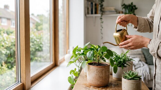 Woman watering a green houseplant with a brass can near a bright window