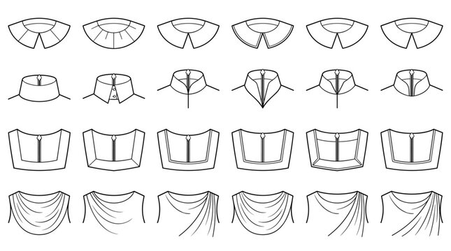 waistcoat and utility vest neckline types flat sketch vector illustration technical cad drawing template transparent background