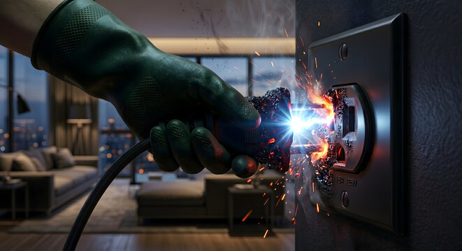 Gloved hand pulling burning electrical plug from wall outlet with bright sparks and blue arc showing electrical accident.