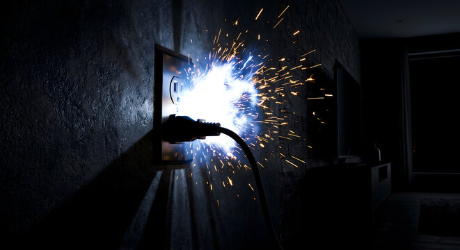 Household electrical power cord plug sparking dangerously when inserted into wall socket causing potential fire hazard scene.