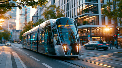 Fototapeta premium Modern European city street with a tram passing by in realistic urban lifestyle scene about clean public transportation and sustainable mobility