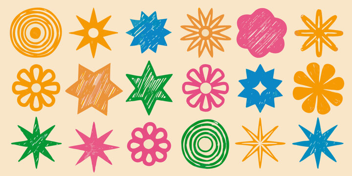 Hand Drawn Style Floral And Star Pattern On Beige Background