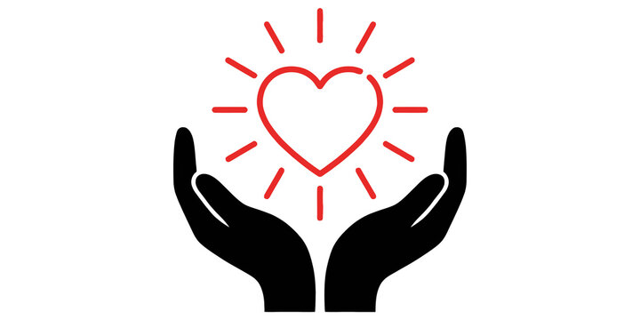 Neon red heart icon shining with light rays on black background transparent sign