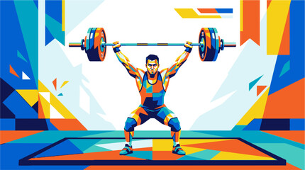Man Lifting Heavy Barbell Weights Overhead. © Nawawi