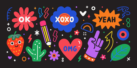 Colorful Doodle Stickers And Phrases Vector Illustration On Black Background © Asish