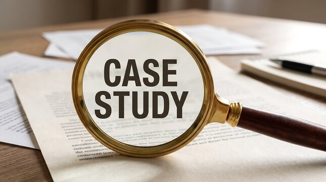 Case study text under magnifying glass, business research and analysis concept, professional investigation of documents on office desk