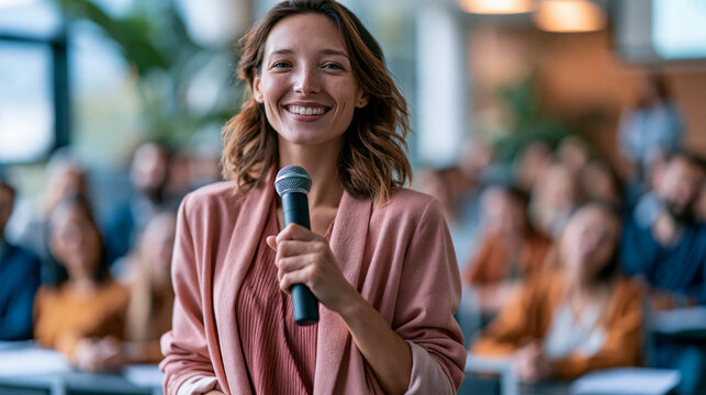 Professional woman presenting to a blurred audience in a conference room during a corporate business leadership meeting realistic corporate photography