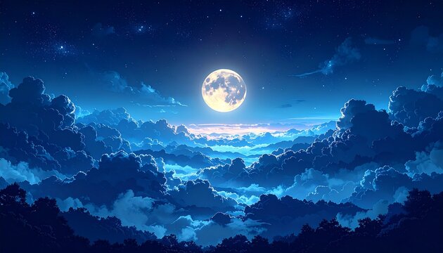 Bright full moon above a sea of clouds in a starry night sky, dreamy celestial anime landscape