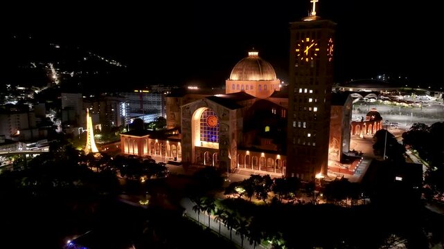 Shrine Of Our Lady Aparecida In Aparecida Sao Paulo Brazil. Aerial View Of Church Building Dominating The Skyline. Night Cities Of The World Landscape. Downtown Cityscape. Aparecida Sao Paulo.