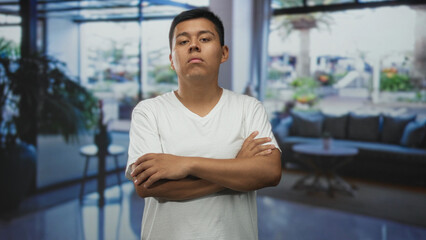 Man standing upright with arms crossed showing hands and forearms in a building lobby with visible sofa behind  confidence determination. © Krakenimages.com