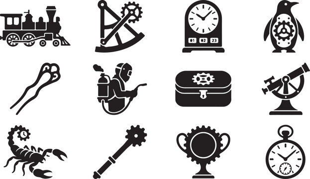 Set of black silhouette icons featuring various mechanical objects and creative steampunk design elements isolated on white background, Vector