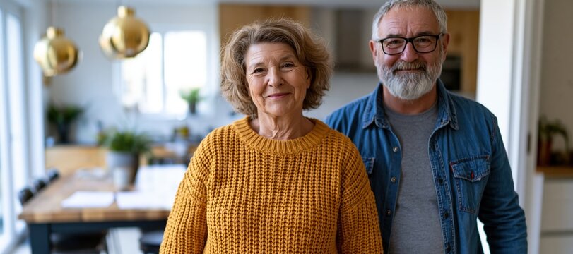 Older couple smiling in bright modern home after planning session