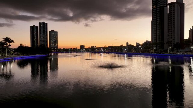 Lakefront Park In Campina Grande Paraiba Brazil. Breathtaking Aerial Landscape Of Famous Leisure Park Of The City. Sunset Landmark Town. Golden Hour Skyline. Campina Grande Paraiba.
