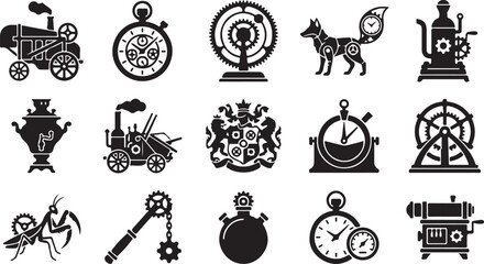 Set of black steampunk icons with mechanical machines clocks animals and vintage industrial gadgets isolated on white background, Vector © RobiulIslam