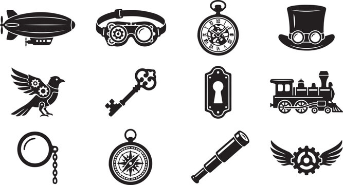 Set of black steampunk icons with airship goggles clock top hat bird key train compass and telescope isolated on white background, Vector