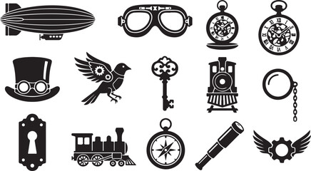 Set of black steampunk icons with airship goggles pocket watch top hat bird train key and compass isolated on white background, Vector © RobiulIslam