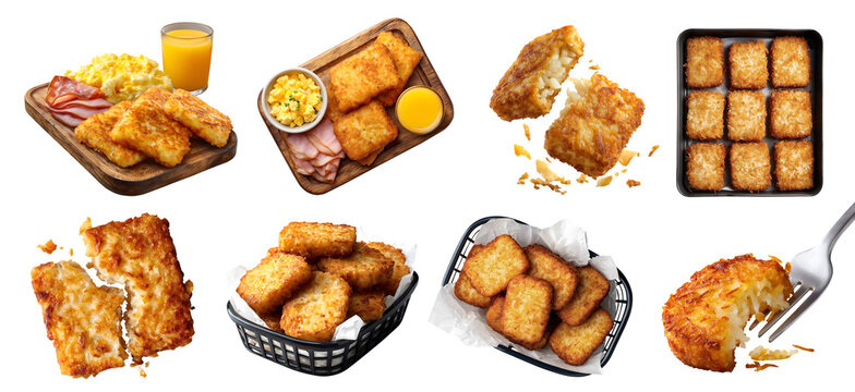 Set of Hash hashed browns hashbrowns, julienned potatoes, serving board with breakfast egg ham orange juice, baking tray, wire basket, stack pile broken, transparent cutout PNG mockup