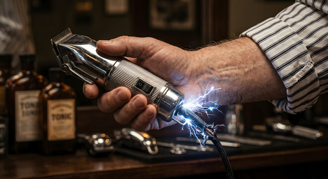 Vintage hair clippers short circuiting with electric sparks in hand of barber inside traditional old style grooming shop.