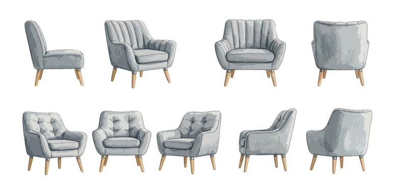 Modern armchair vector set from different angles, flat design minimalist boucle sofa chair illustration, front, side, and top view orthographic interior clipart isolated on white background.