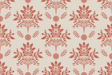 Vintage Floral Damask Seamless Pattern. Elegant Folk Art Botanical Vector Background for Textile Design, Fashion Apparel, Wallpaper, and Modern Home Decor. Boho Rust Orange Geometric Floral Pattern.  © supachai